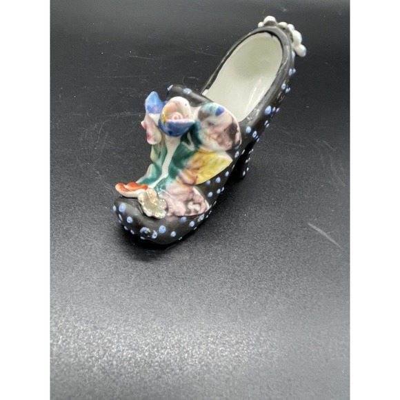 Ceramic High Heel Shoe Figurine Black & White Polka Dots & Flowers Japan Vintage - Picture 9 of 11